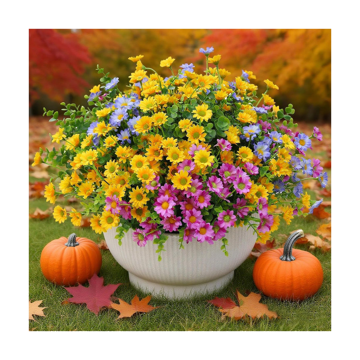 alyptus Artificial Mums for Outdoors 16 Bundles UV Resistant Plants Yellow Faux Sile Daisy Fake Plastic Eucalyptus for Fall Decor