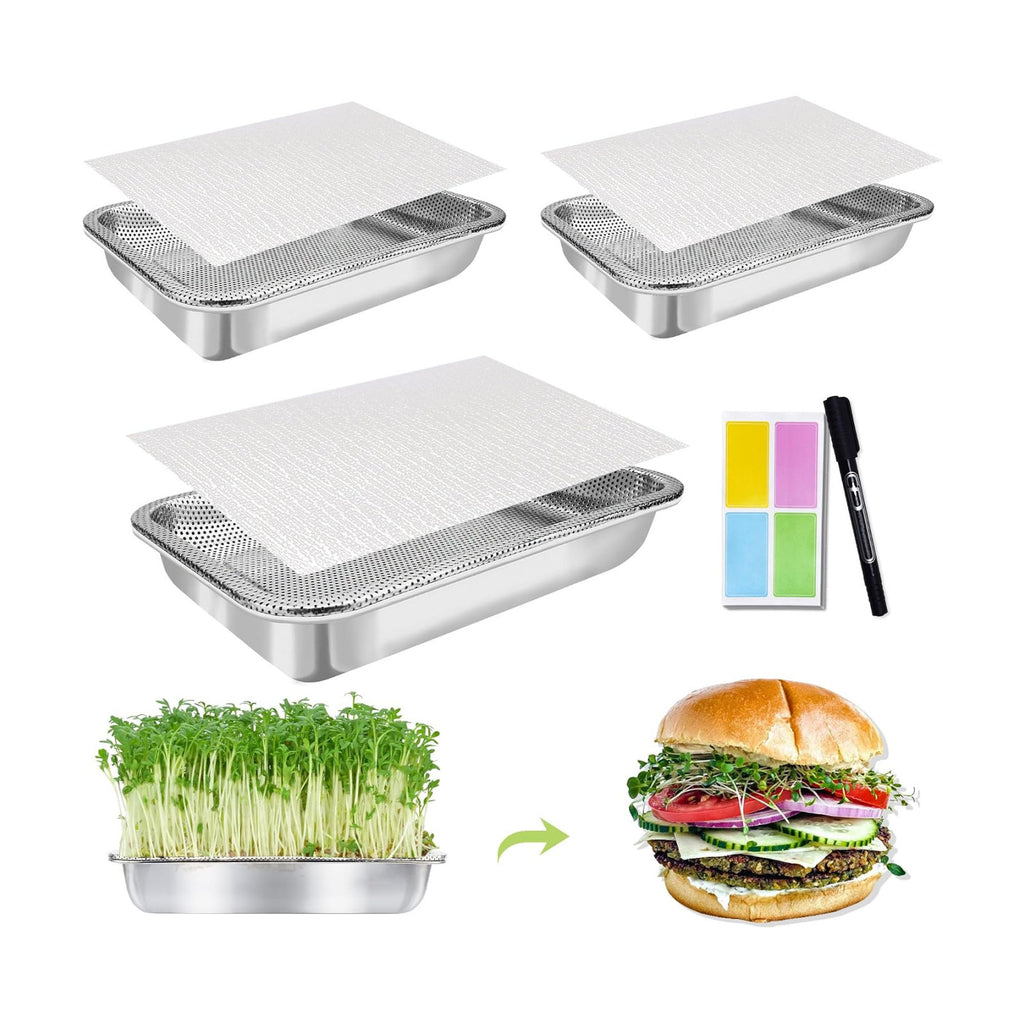 Microgreens Growing Kit 3-Tier 14 Inch Sprouting Trays | Stainless Steel Seed Sprouter with 0.3mm Encrypted Silicone