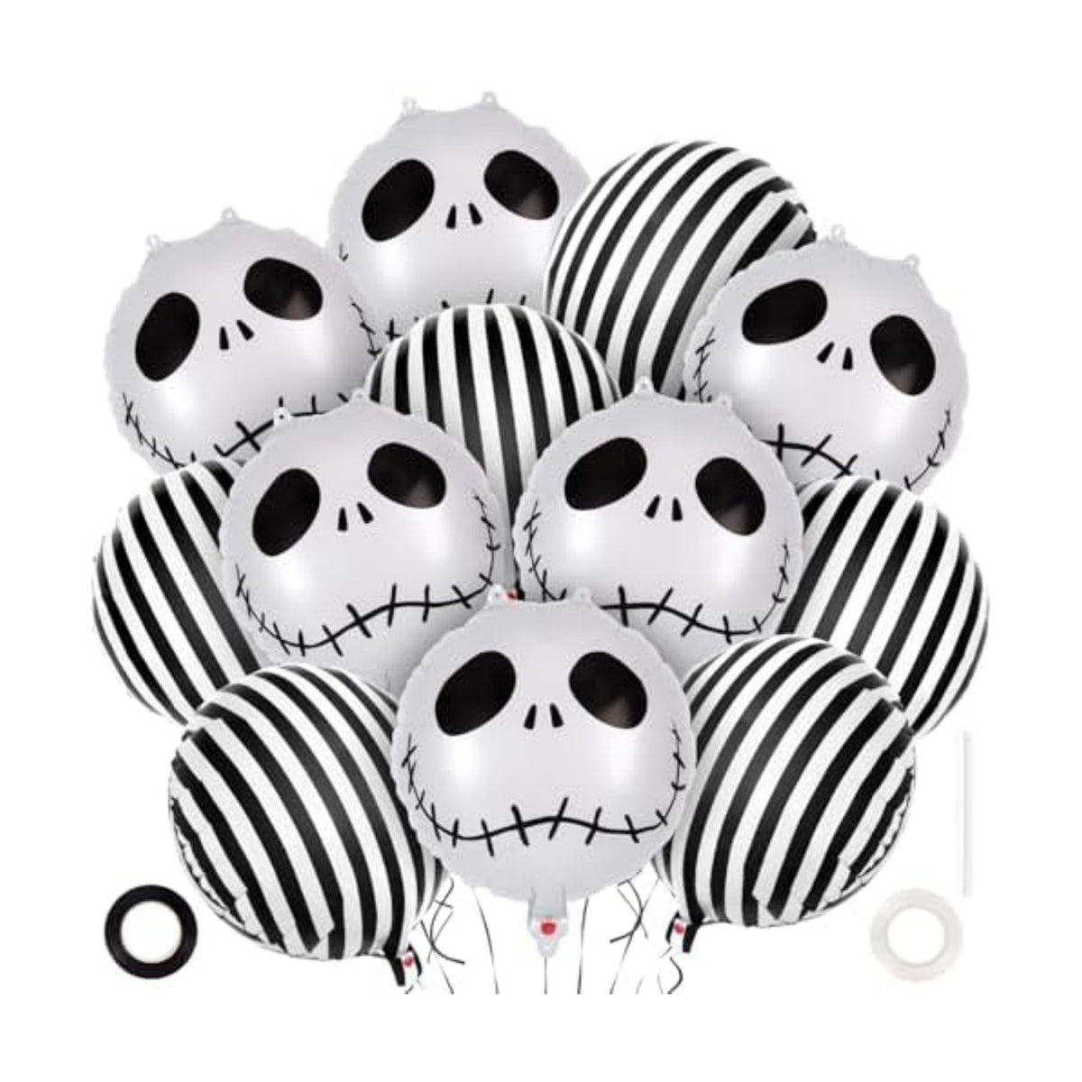 12 Pcs Black and White Striped Balloons, Skeletons Skull Foil Balloons, Halloween Party Decorations, Halloween Balloon for Hallow Birthday Baby Shower Masquerade Themed Party Decorations