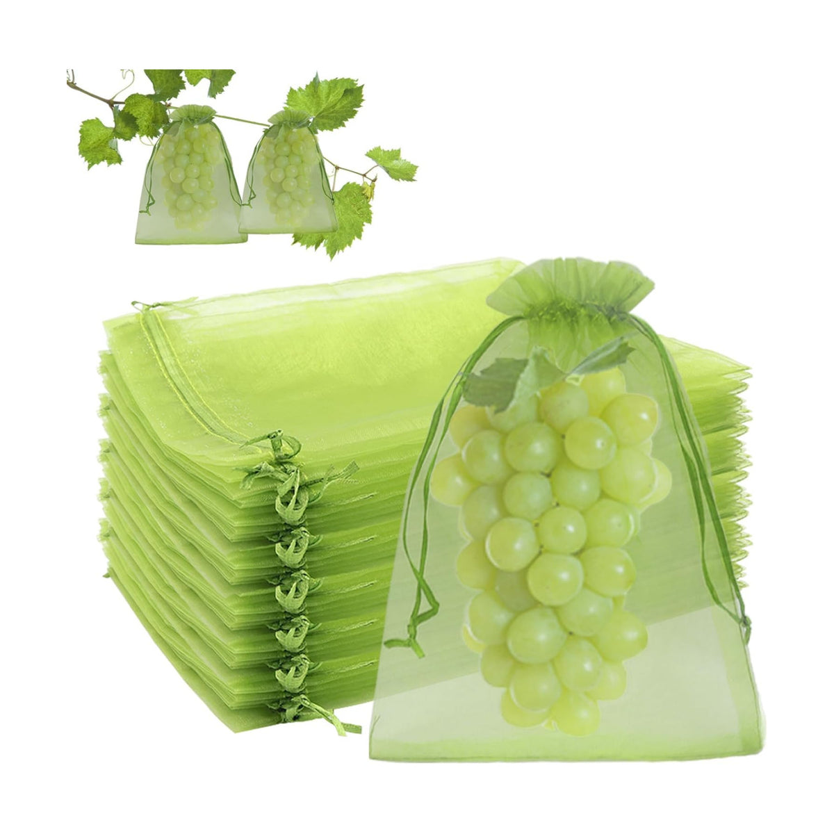 100 Pcs Fruit Protection Bags, 8 x 12 Inch Green Netting Cover Bags with Drawstring, Pest Barrier for Trees, Garden Cover Mesh Bags for Plant Fruit, Flower and Vegetables