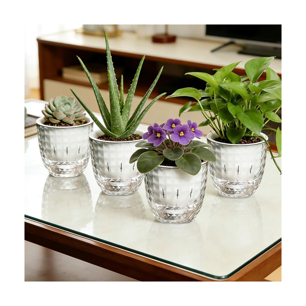 4 Pack 4 inch Self Watering Pots Planters for Indoor Plants, African Violets Pots with Wick Rope, Modern Plastic Nursery Pots for All House Plants,Flowers Succulents,Herbs,Cactus,Orchids