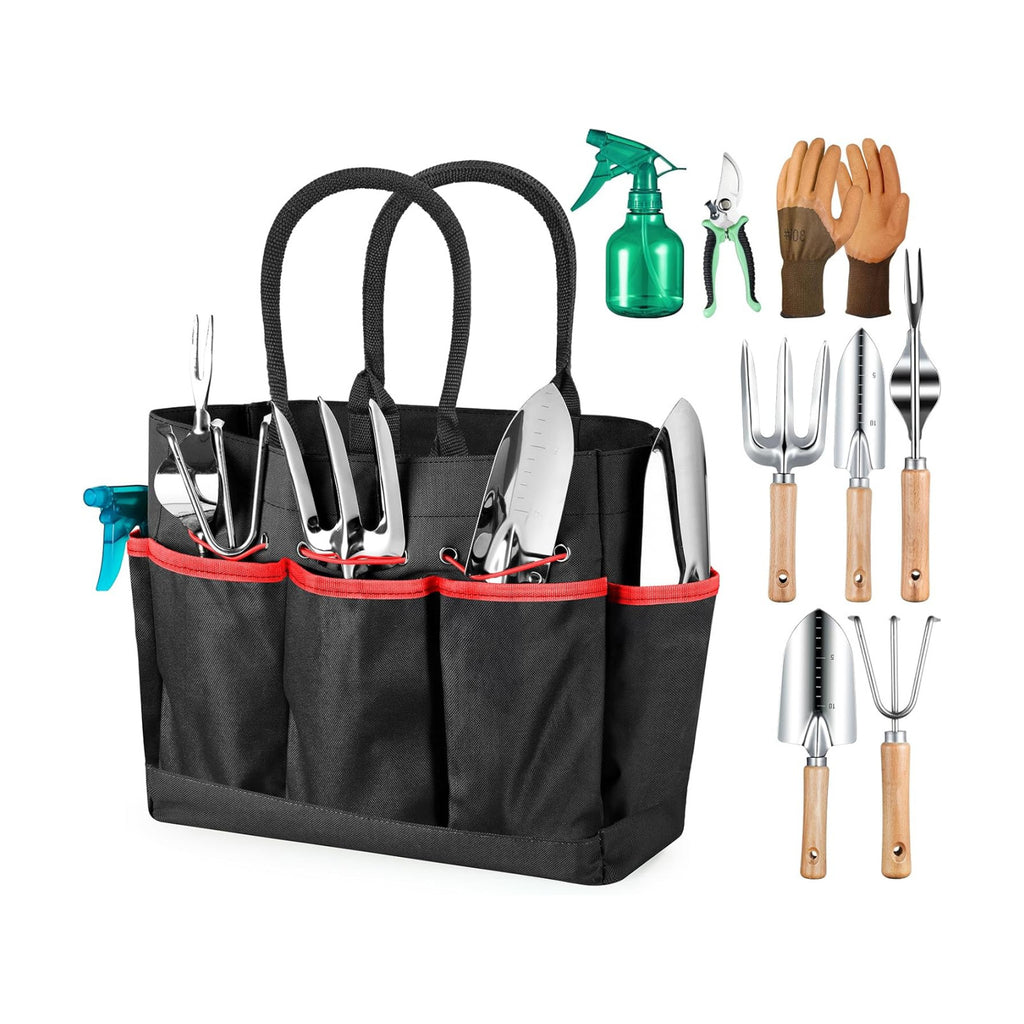 9-Piece Gardening Tools Set with Fashion Handbag, Black Red | Rust-resistant steel garden tool set with storage bag