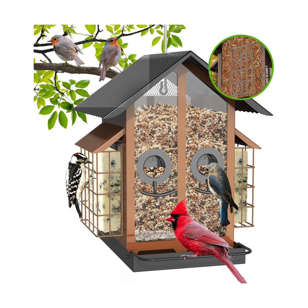 FlowaFoli Bird Feeders for Outdoors, Metal Bird Feeder with Double Suet Cage Weatherproof Metal Roof, 2 in 1 Mixed Seeds Suet Feeder, 4Lbs Large Capacity, Great for Finch、Cardinal、Chickadee（Brown）