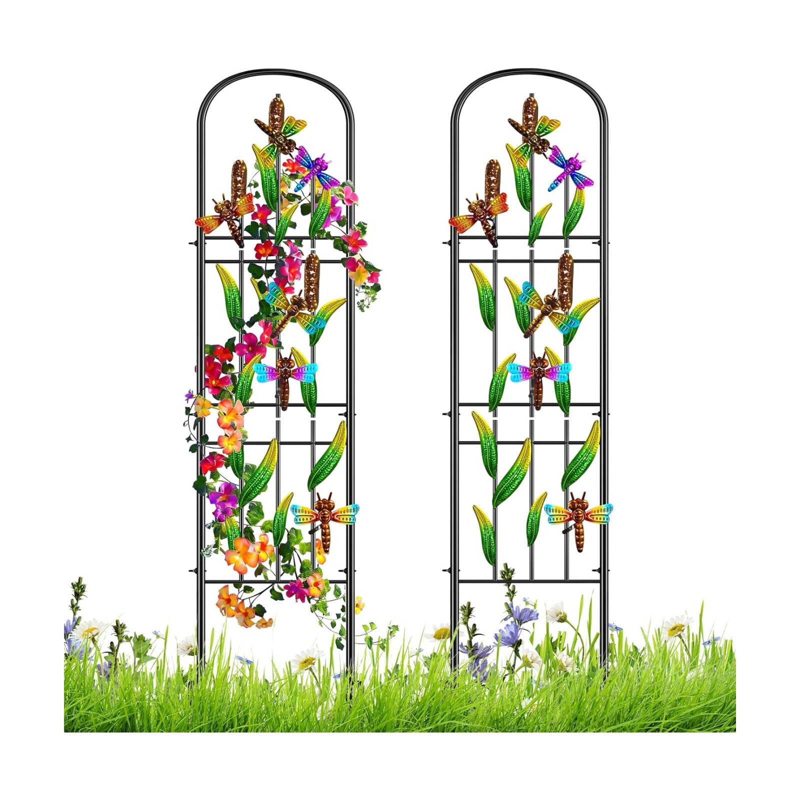 Metal Garden Trellis 2Pcs, Dragonfly Decor Plant Support for Climbing Vines | Sturdy Trellis with Ground Spikes, Wind