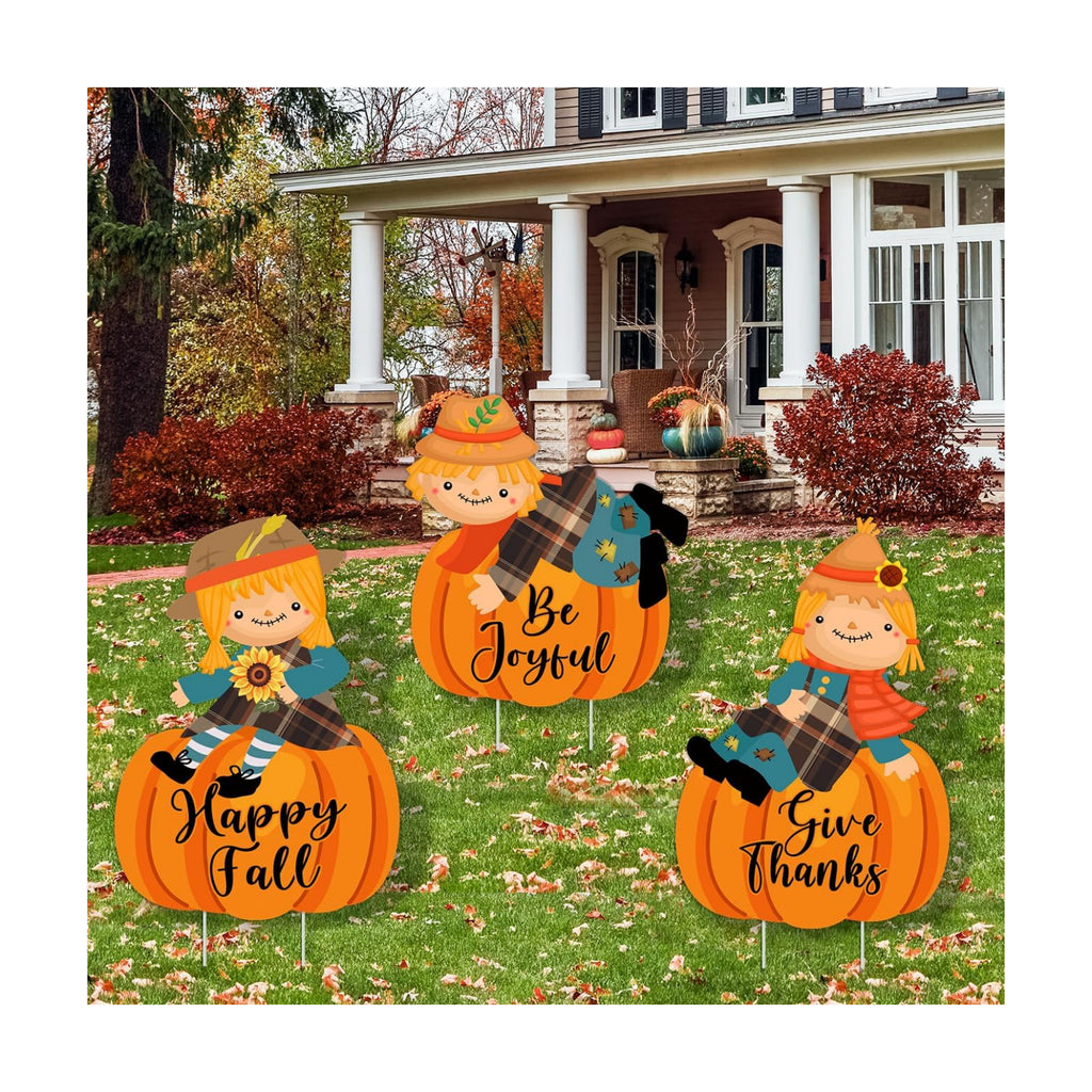 3Pcs Fall Yard Signs Decorations Thanksgiving Pumpkin Yard Stakes Outdoor