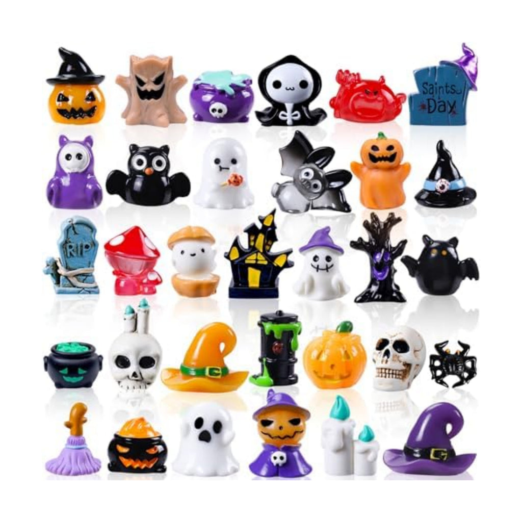 DIYDEC 32pcs Halloween Mini Resin Figures 32 Styles Tiny Resin Animals Little Small Figures to Hide Pumpkin Ghost Skull Miniatures Bulk for Halloween Party Favors Bag Fillers Garden Dollhouse Decor