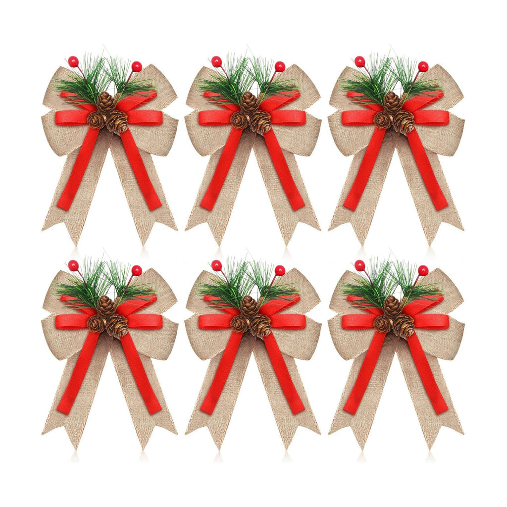 Moucuny 6 Pcs Christmas Burlap Bows Natural Color Plaid 5 x 6 Inch