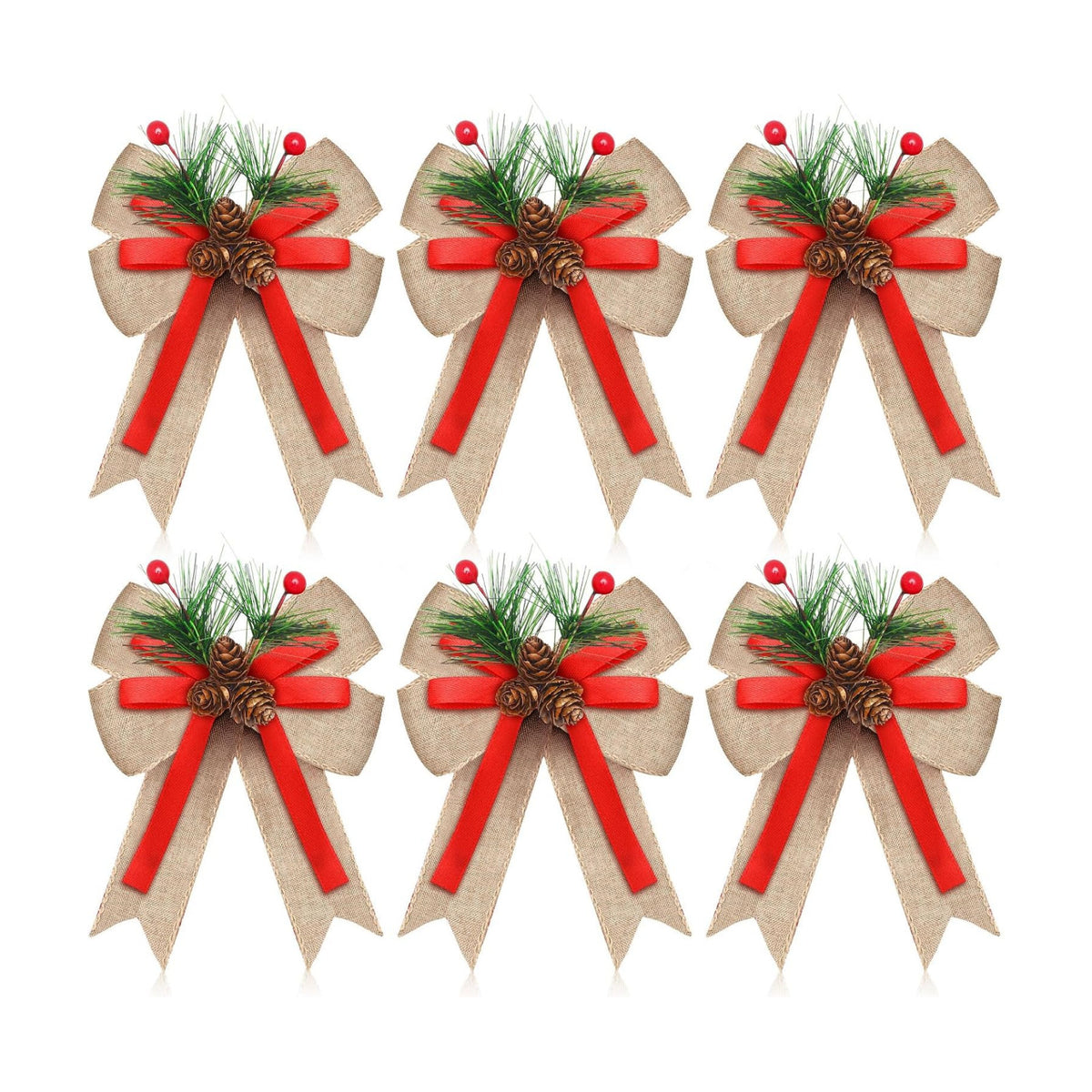 Moucuny 6 Pcs Christmas Burlap Bows Natural Color Plaid 5 x 6 Inch