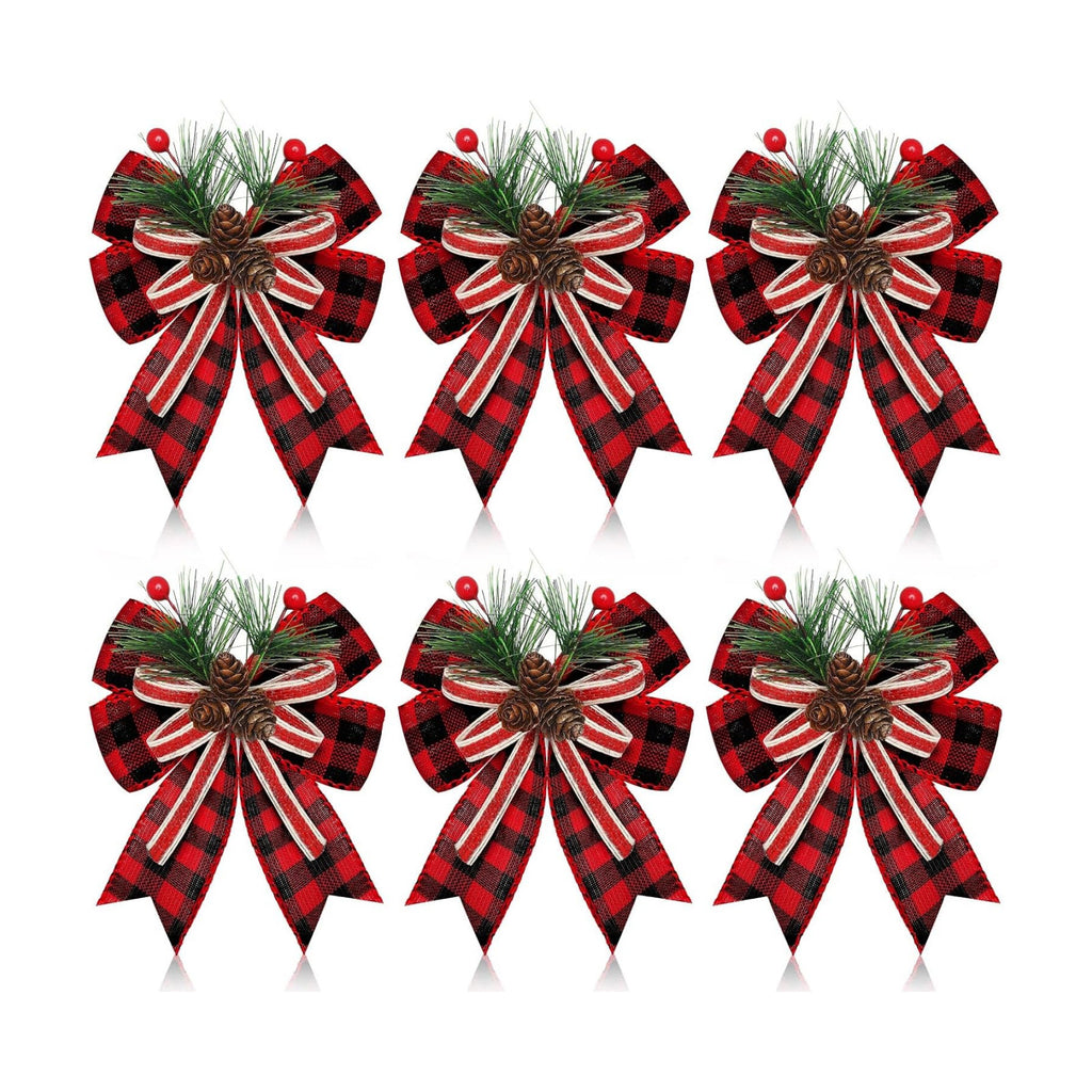 Moucuny 6 Pcs Christmas Burlap Bows Red and Black Buffalo Plaid 5 x 6 Inch