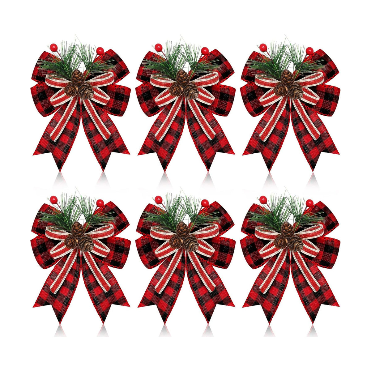 Moucuny 6 Pcs Christmas Burlap Bows Red and Black Buffalo Plaid 5 x 6 Inch