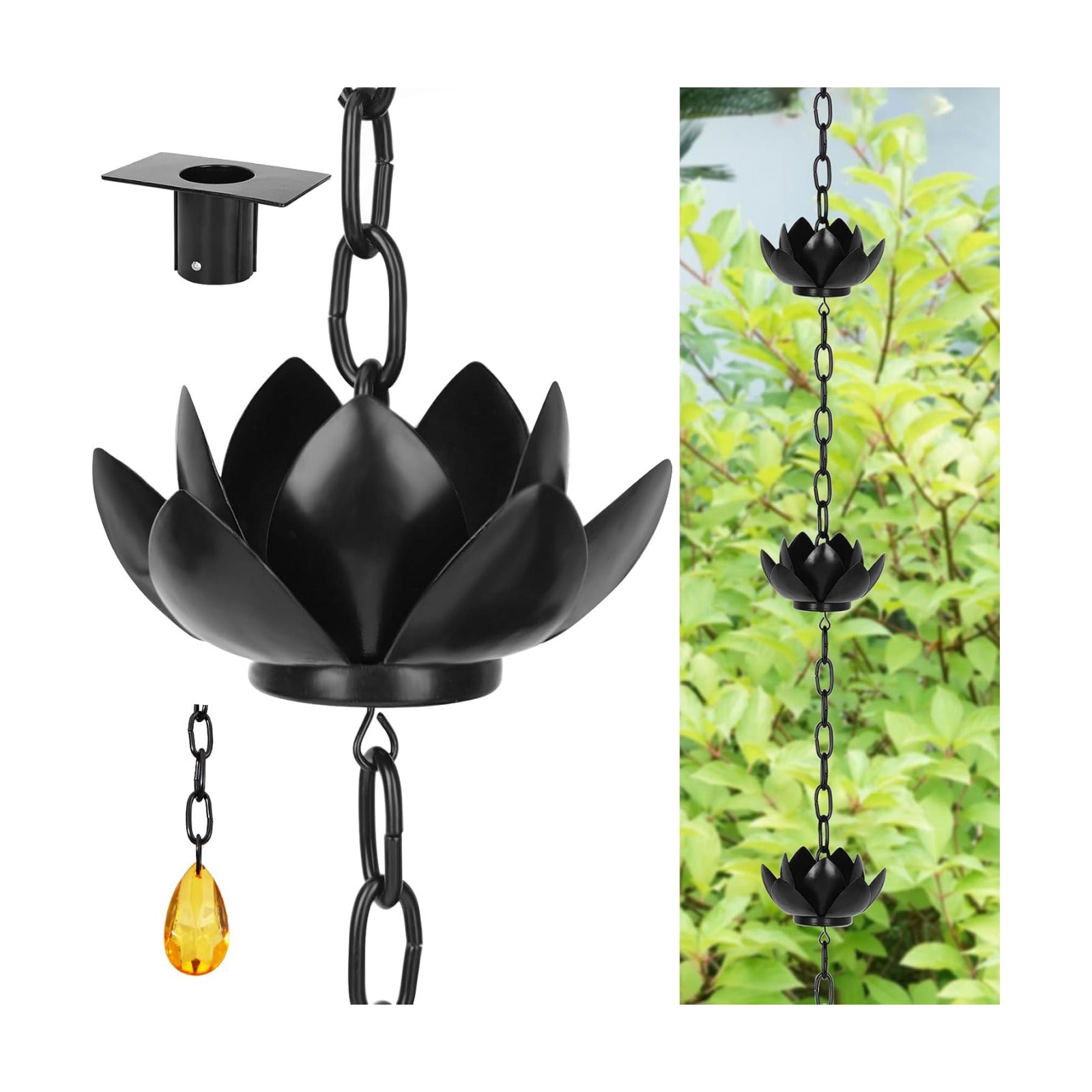 Rifachua 8.5ft Black Lotus Rain Chain for Gutter Downspout Outside | 12 Black Lotus Rain Chains Cups, Functional and