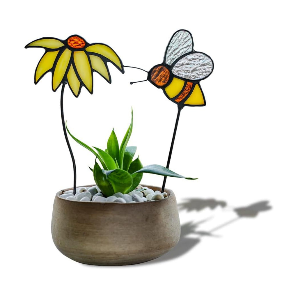 Sun Flower Decor Stained Glass Suncatcher,Bee Decor Stained Glass Plant Stake Insert in Pots Suncatcher,Vase Decor,Sun
