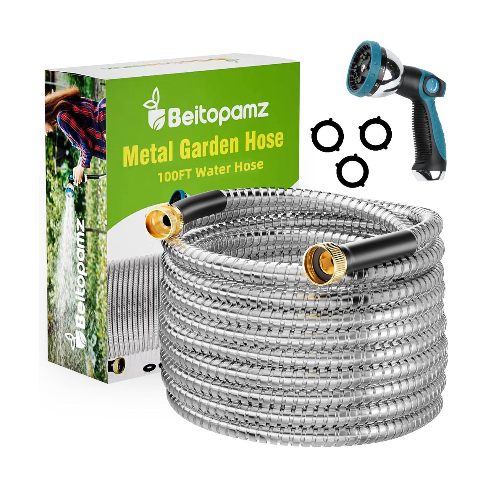 Beitopamz 100 ft Garden Hose, Stainless Steel Metal Water Hose with Nozzle, Flexible and Durable, Rust Proof, No-Kink