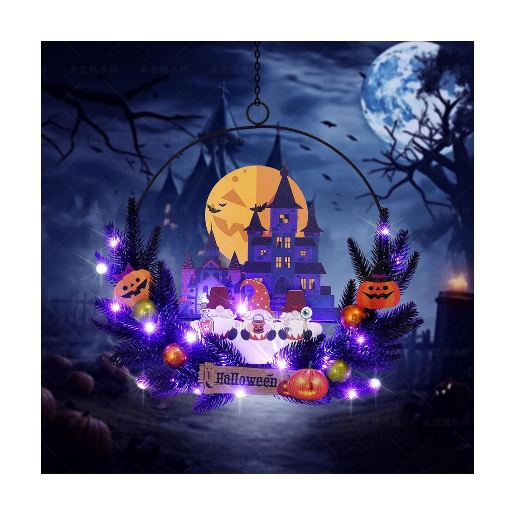 Pre-Lit Halloween Wreath for Front Door, Lighted Dwarf with 6H On/18H Off