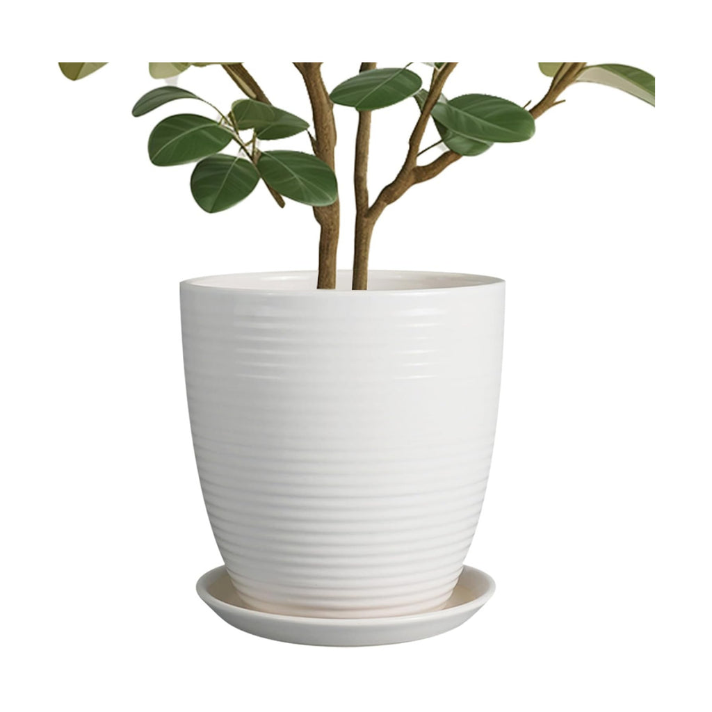 10 Inch Ceramic Planter Pot - Large Plant Pot with Drainage Hole and Saucer, Modern Round Flower Pots for Indoor