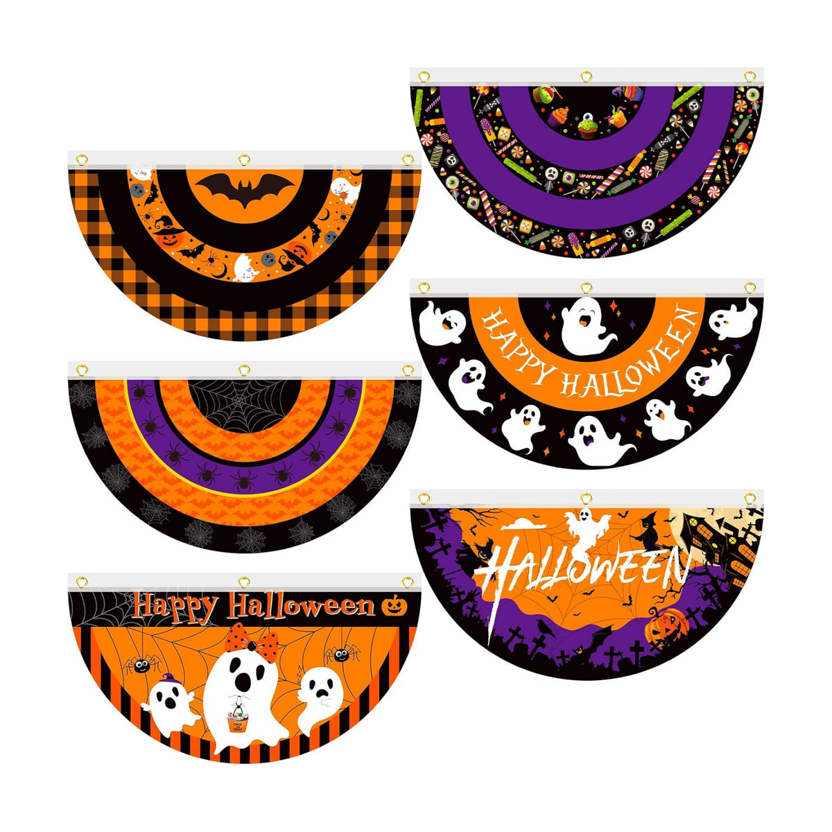 6 Pcs Halloween Bunting Fan Flag Happy Halloween Half Fan Banner