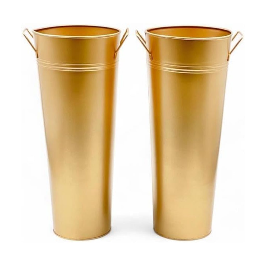 Hosley Set of 2 Gold Metal French Bucket with Handles & PVC Liner, 6" Dia x 15" H for Weddings, Parties, Country Picnics, Floral Arrangements, Tableware Storage, or Gardens - Rustic Farmhouse Décor