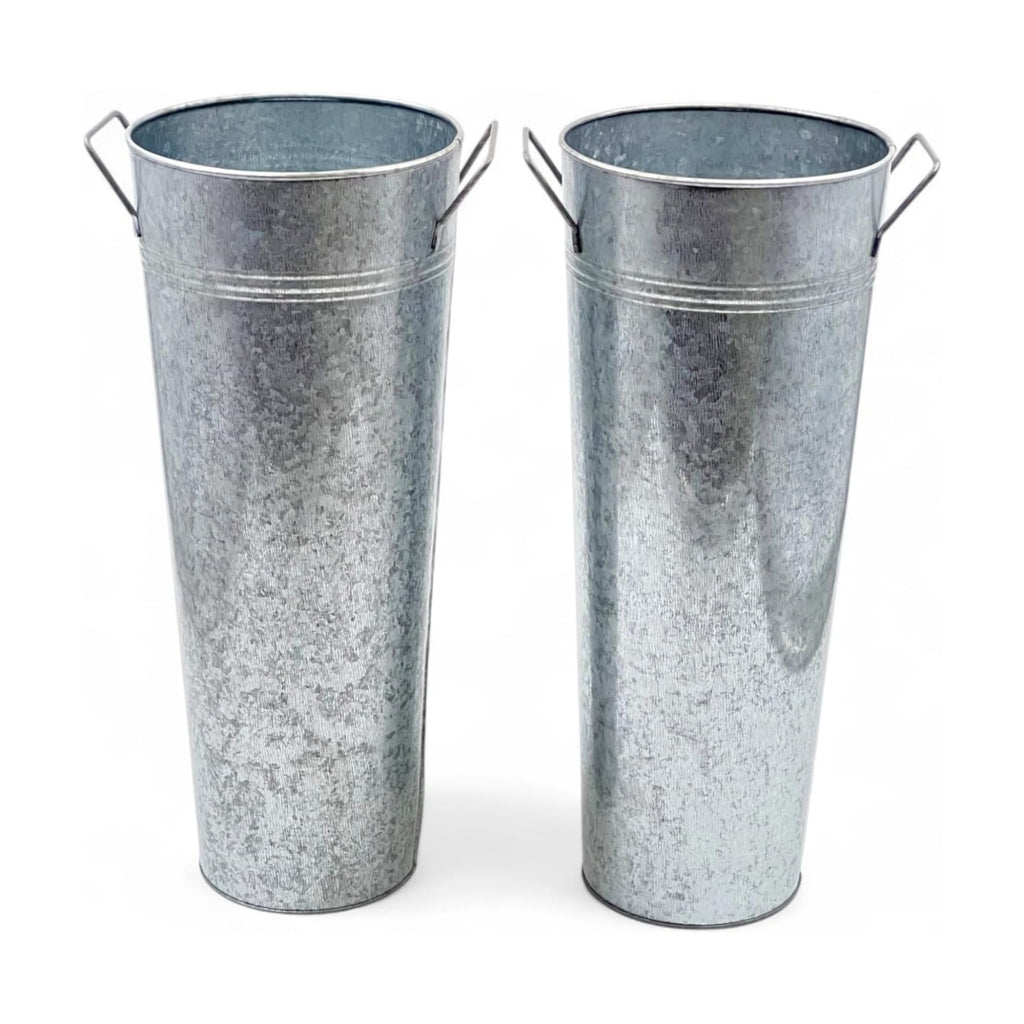 Hosley Set of 2 Galvanized French Bucket with Handles & PVC Liner, 6" Dia x 15" H for Weddings, Parties, Country Picnics, Floral Arrangements, Tableware Storage, or Gardens - Rustic Farmhouse Décor