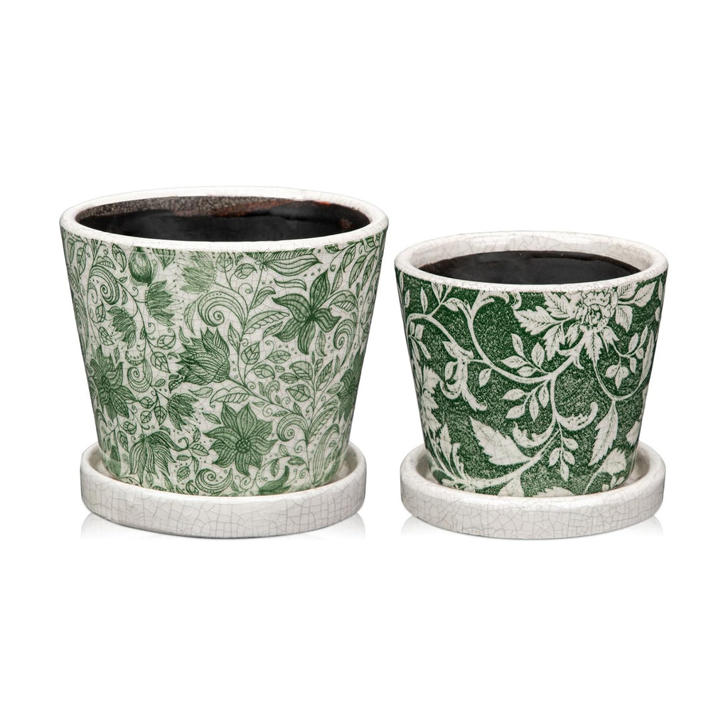 Set of 2 Ceramic Green Plant Pots with Drainage Hole and Saucers, Vintage Farmhouse Accent Planters for Indoor Plants