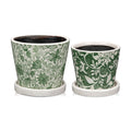 Set of 2 Ceramic Green Plant Pots with Drainage Hole and Saucers, Vintage Farmhouse Accent Planters for Indoor Plants