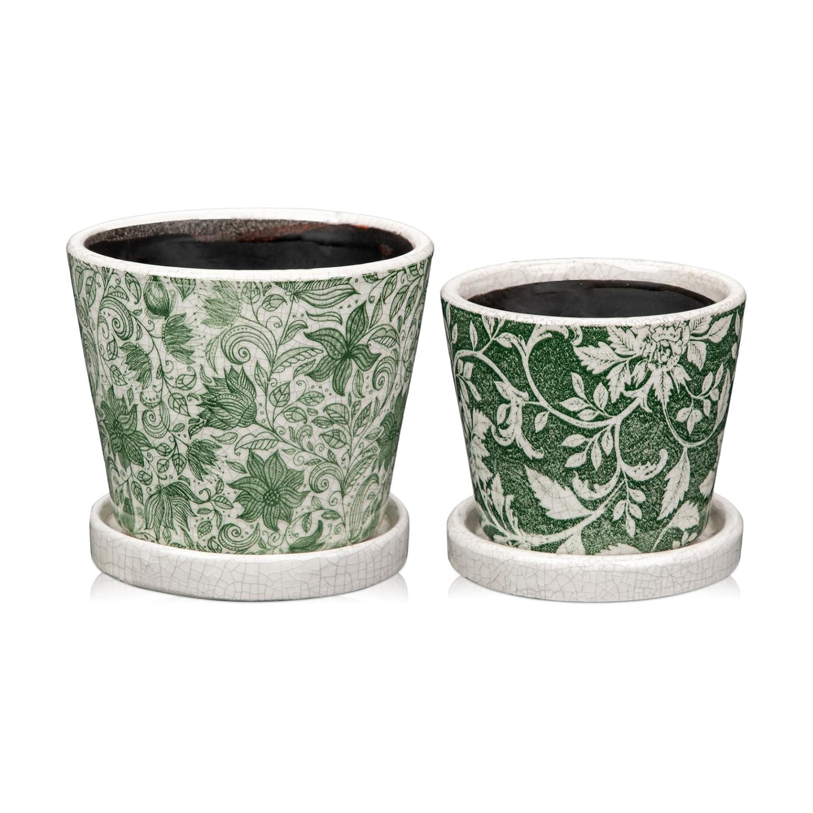 Set of 2 Ceramic Green Plant Pots with Drainage Hole and Saucers, Vintage Farmhouse Accent Planters for Indoor Plants