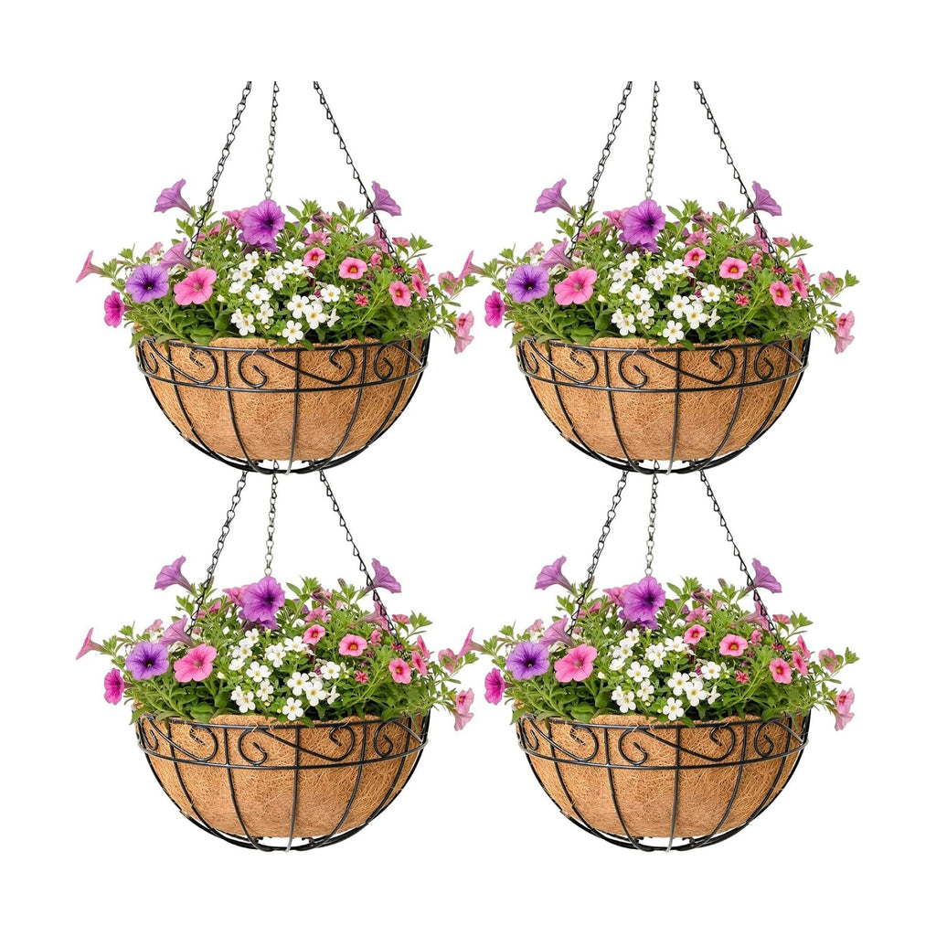 4 Pack Hanging Planter for Outdoor Plants 14 inch Metal Hanging Flower Basket with Coco Coir Liner Round Wire Plant