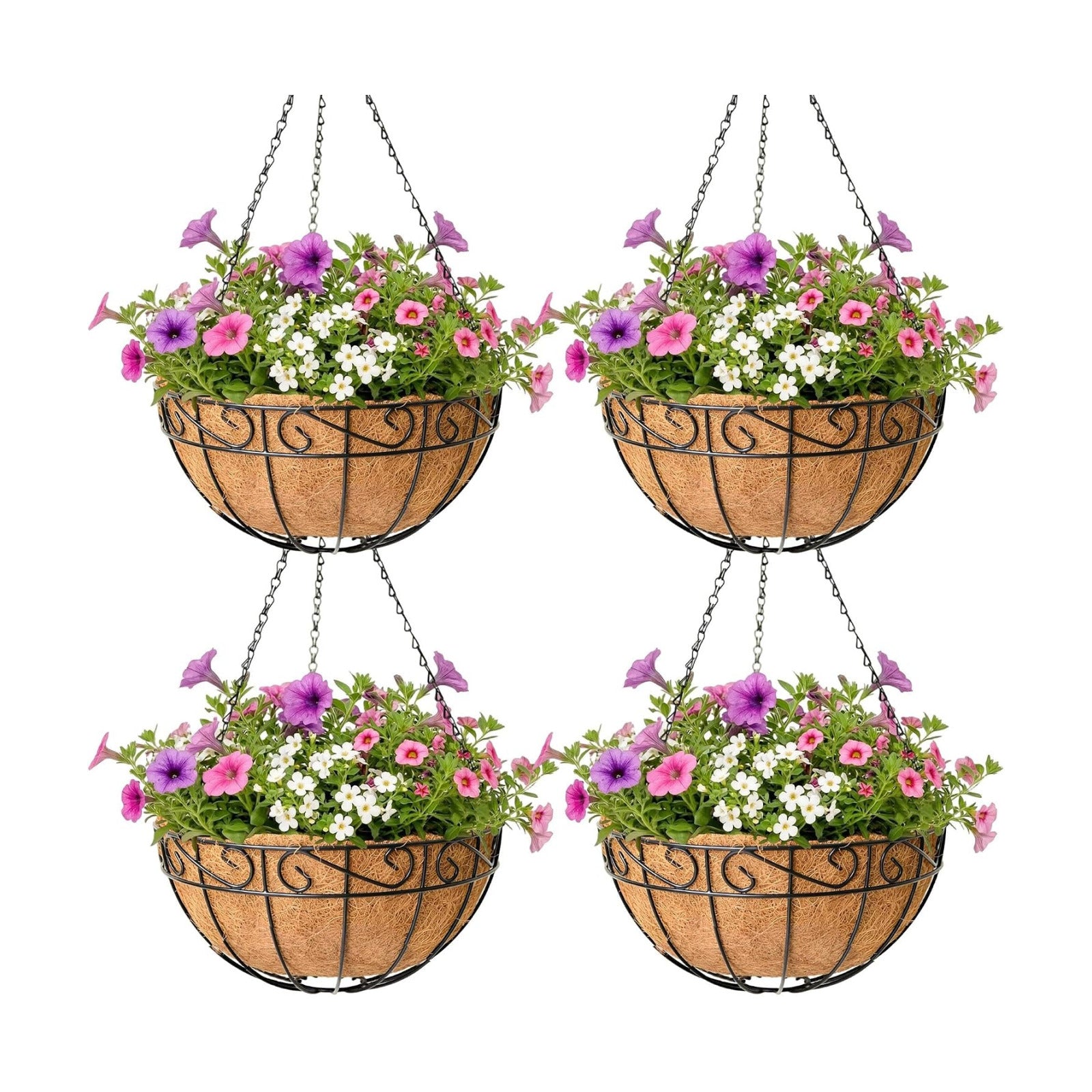 4 Pack Hanging Planter for Outdoor Plants 14 inch Metal Hanging Flower Basket with Coco Coir Liner Round Wire Plant
