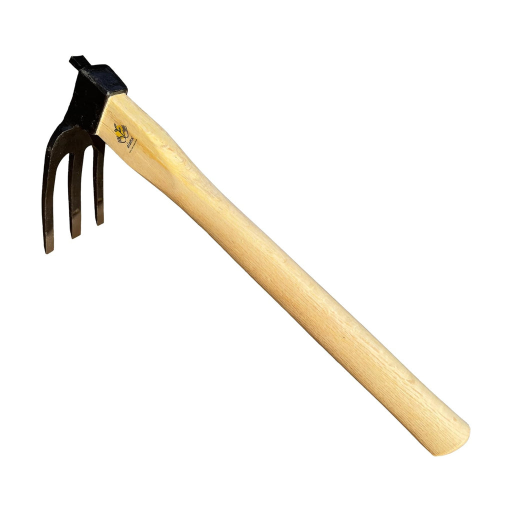 14 inch Japanese Hand Tiller/Rake for Garden, 3-tines Cultivator, Without Welding, Oak Handle, for Digging, Soil
