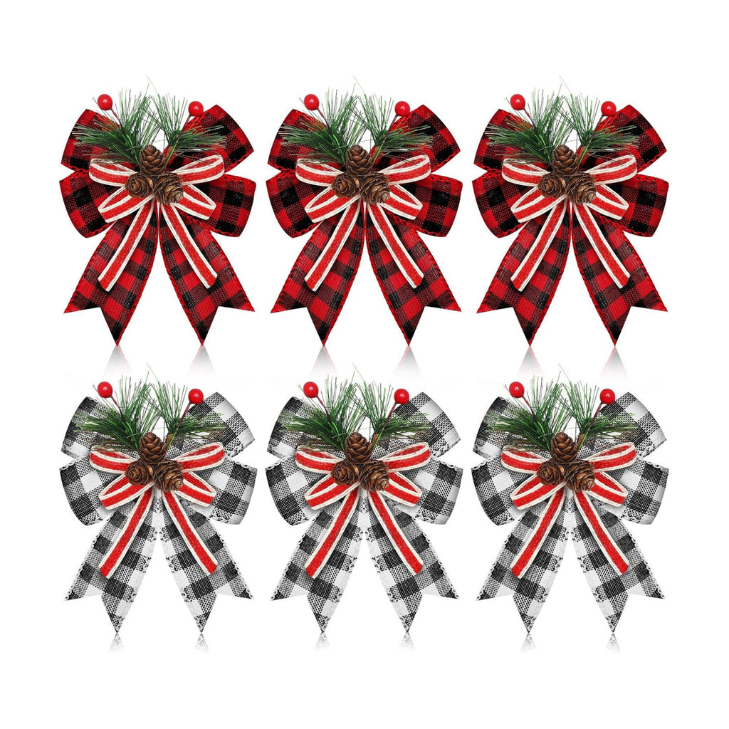 Moucuny 6 Pcs Christmas Burlap Bows Black White Red Plaid 5 x 6 Inch