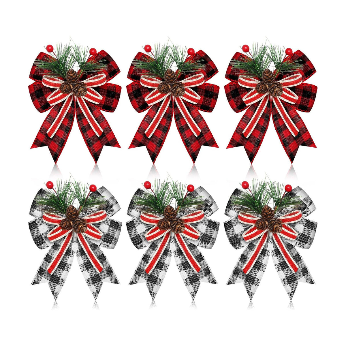 Moucuny 6 Pcs Christmas Burlap Bows Black White Red Plaid 5 x 6 Inch