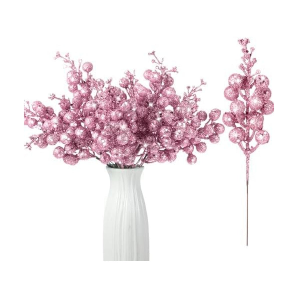 Geosar 36 Pcs Christmas Glittered Berries Stems, Pink