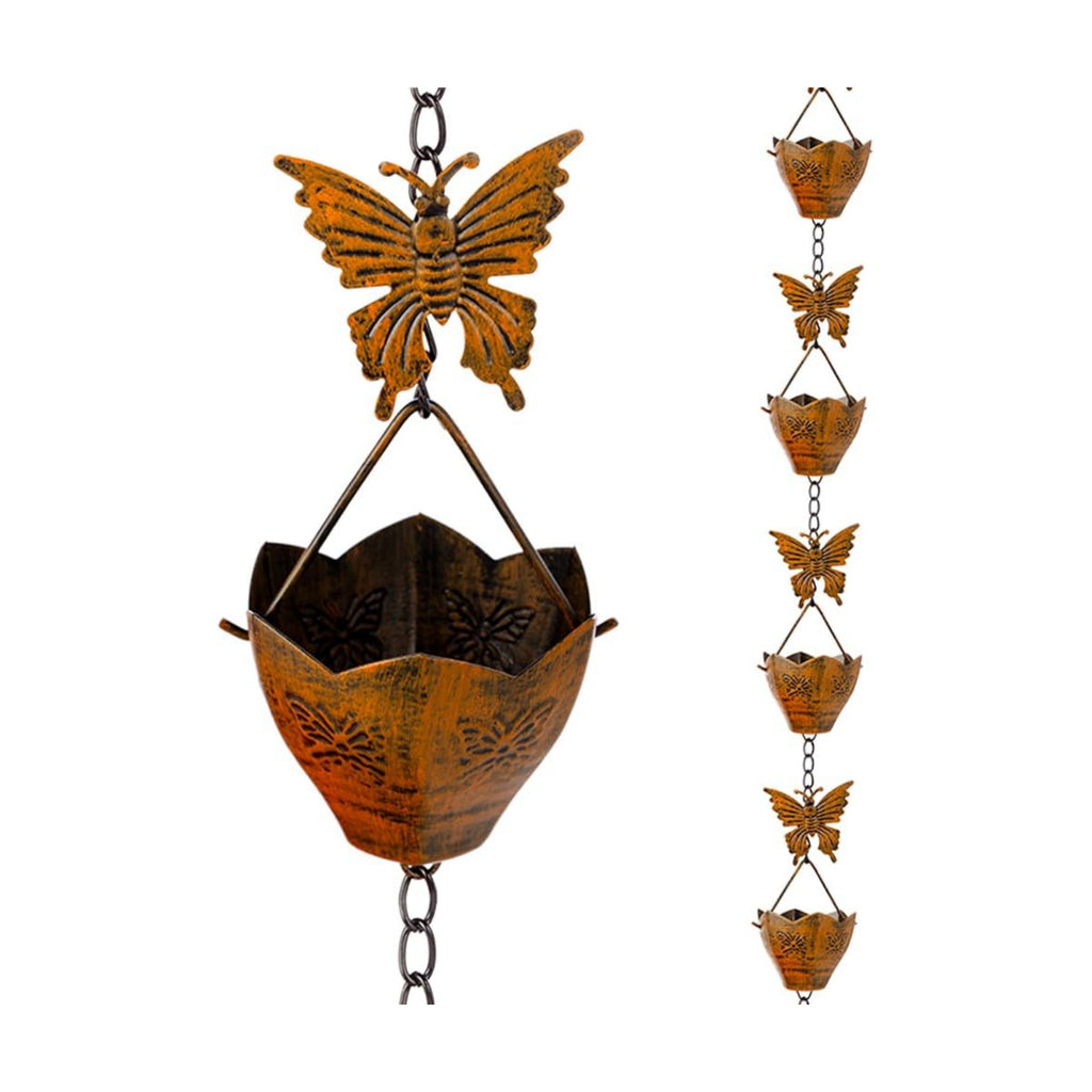 9.2ft Rain Chains for Outside Gutters, Eaves, Drainage | Copper Rain Chain, 12 Cup with Butterfly Decor, Adjustable