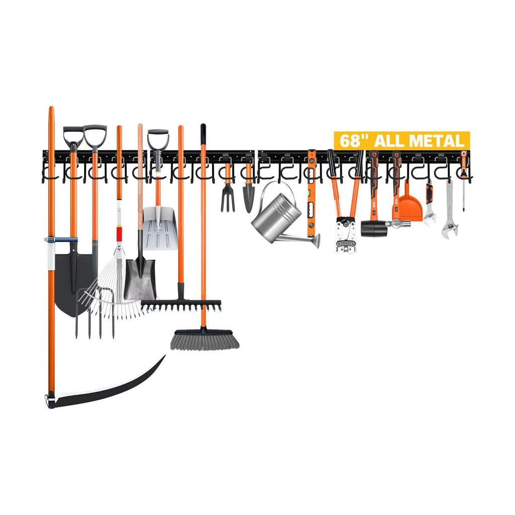 68'' All Metal Adjustable Garden Tool Organizer: Garage Tool Organizer Wall Mount with Black Hooks, Garage Organizers