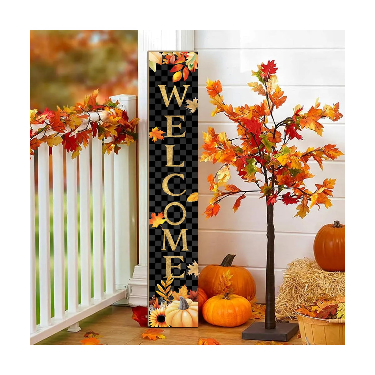 Fall Wooden Porch Sign 47" Autumn Pumpkin Maple Leaf Front Door Welcome Sign Vertical Standing Sign For Garden Home Yard Farmhouse Thanksgiving Decor
