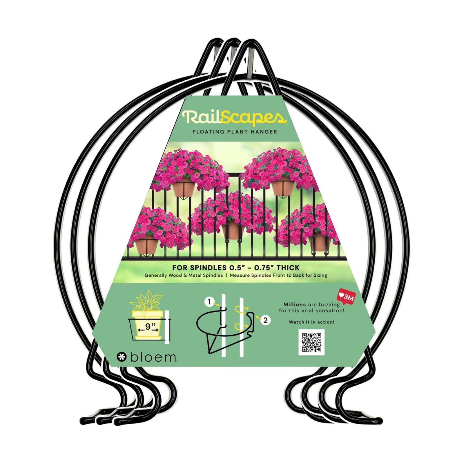 Bloem RailScapes Adjustable Floating Planter Hanger, Fits 0.5”-0.75” Balcony Railing Spindles, 3-Pack