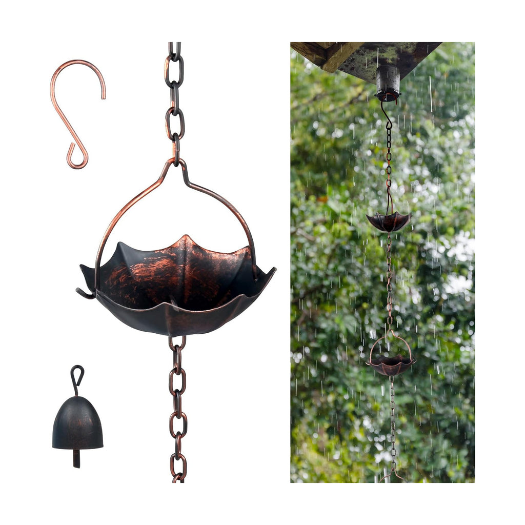 Invech Adjustable Rain Chains for Gutters, 12.5FT Outside Rain Chains with 12 Cups, Umbrella Shaped Rain Catcher Chain