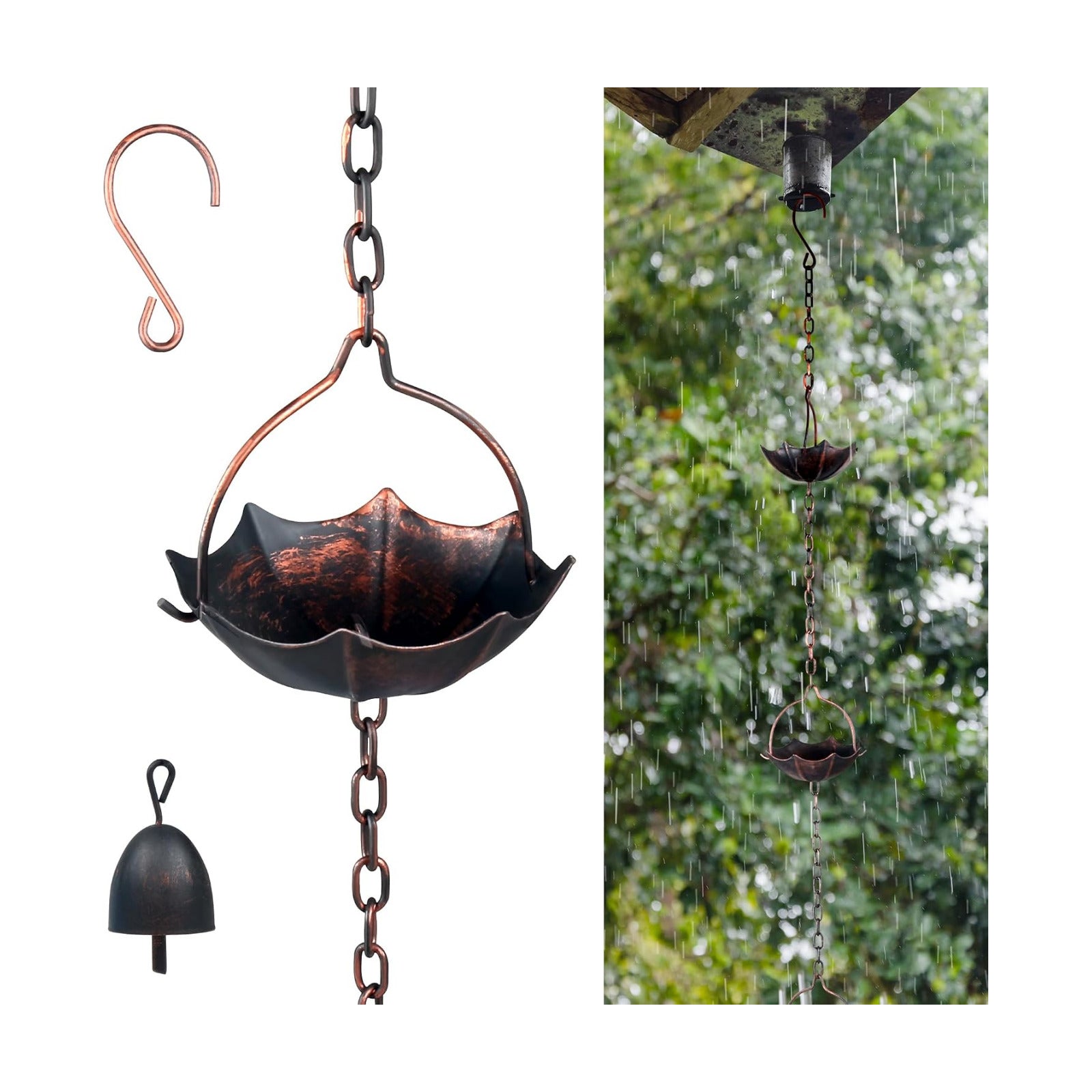 Invech Adjustable Rain Chains for Gutters, 12.5FT Outside Rain Chains with 12 Cups, Umbrella Shaped Rain Catcher Chain