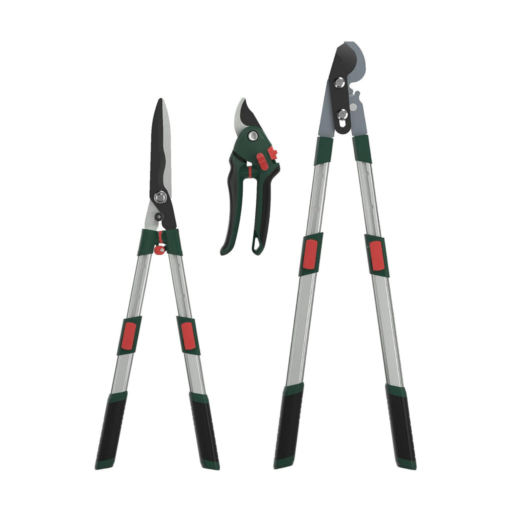 GARTOL 3-Piece Garden Tool Set - Bypass Lopper, Hedge Shears, Pruning Shears with Telescopic Aluminum Handles
