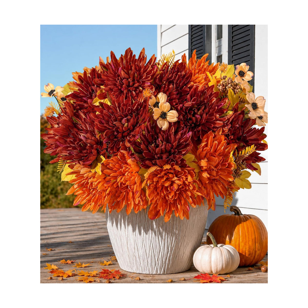 Ivydale Artificial Mums for Outdoors Fall Fake Flowers for Planters, 2 Bundles Faux Silk Chrysanthemum Bouquets, 24 Heads Flower with Long Stems for Wedding Party Home Decor