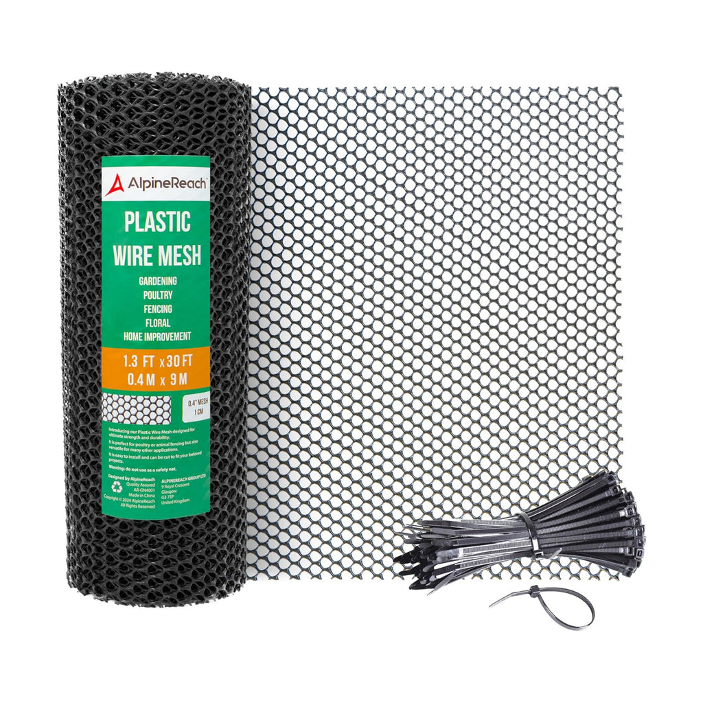 AlpineReach Plastic Chicken Wire Fencing Mesh 1.3ft x 30ft Roll with Zip Ties - Ideal for Poultry, Dogs, Rabbit Barrier
