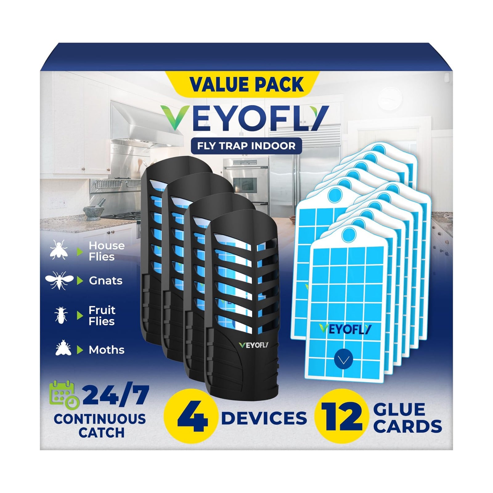 VEYOFLY Fruit Fly Traps for Indoors (4 Device + 12 Refills), Gnat Trap Indoor Plug in, Bug Traps, Flying Insect Trap