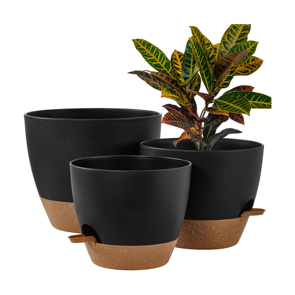 FaithLand 3-Pack Large Planter Pots, 12 10 9 Inch Self Watering Flower Pots for Indoor Outdoor Garden Plants, Black