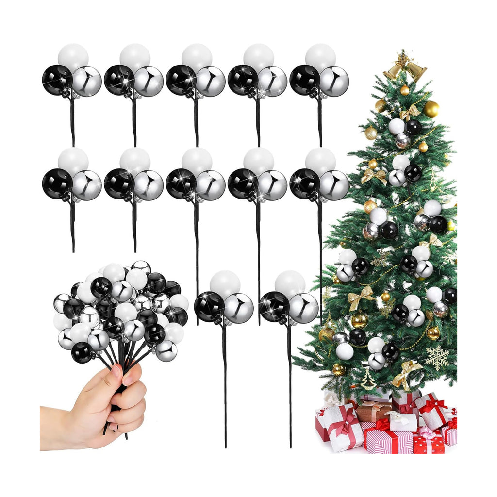 Syhood 12 Sets 7.9 Inch Christmas Ball Picks and Sprays, Silver Black White