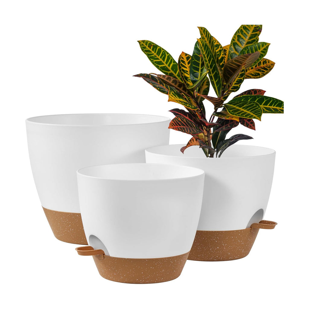 FaithLand 3-Pack Large Planter Pots, 12 10 9 Inch Self Watering Flower Pots for Indoor Outdoor Garden Plants, White