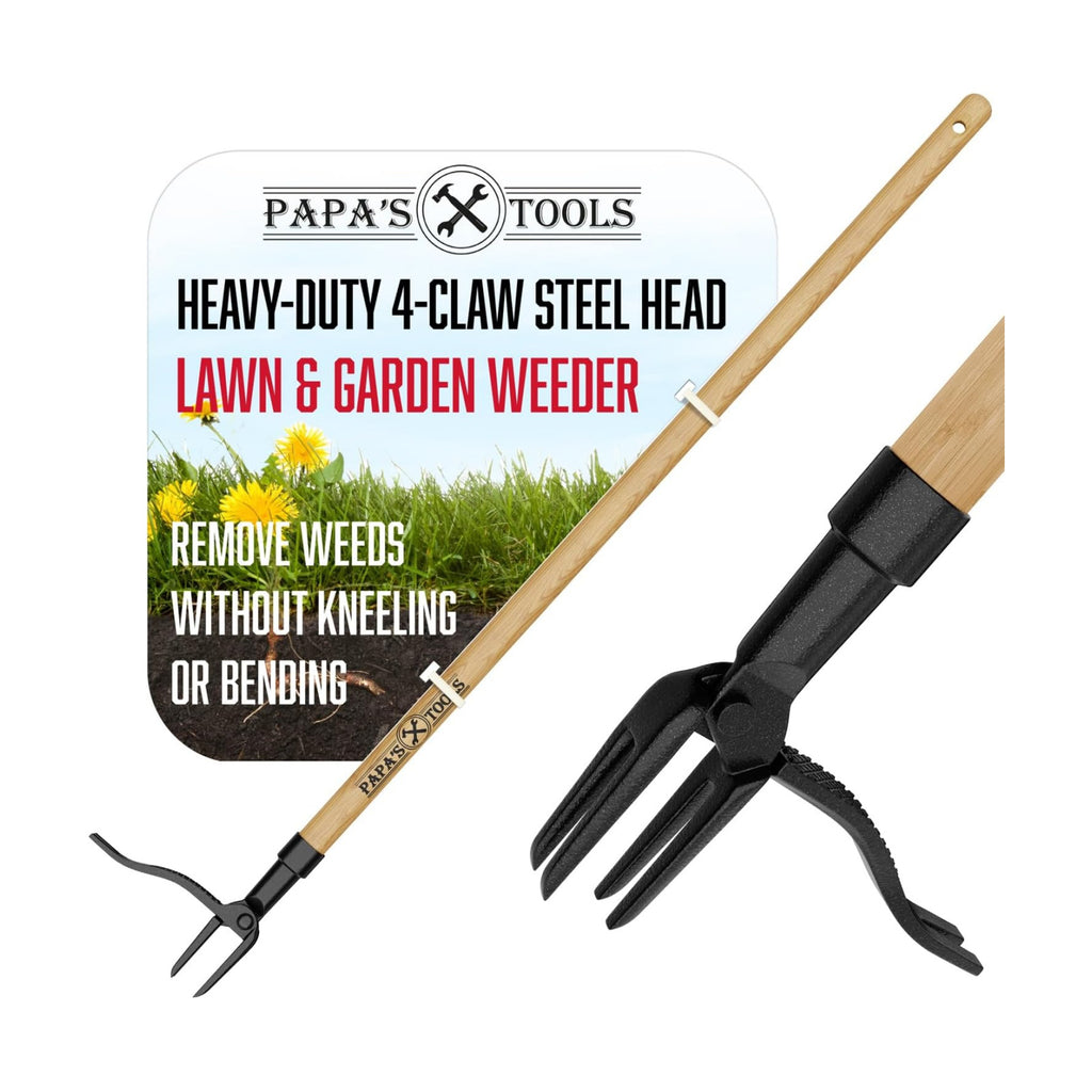 Papa's Tools One-Piece Weed Puller Tool - Stand Up Weeder, Heavy Duty Long Wooden Handle, Real Bamboo, 4-Claw Steel Head