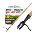 Papa's Tools One-Piece Weed Puller Tool - Stand Up Weeder, Heavy Duty Long Wooden Handle, Real Bamboo, 4-Claw Steel Head