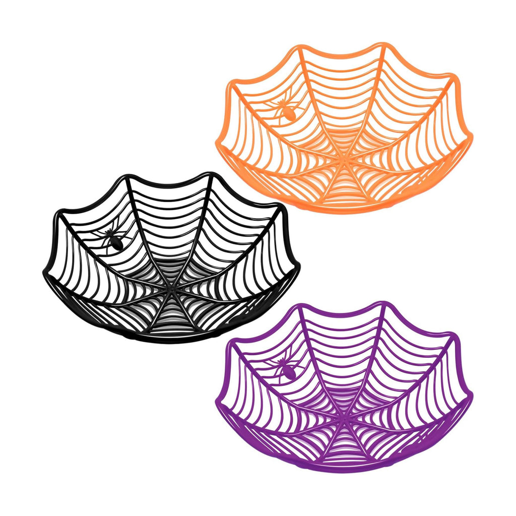 3 Pack Halloween Spider Web Candy Bowls, 11 Inch Plastic Cobweb Design Serving Bowls in Orange, Black, and Purple for Halloween Party Decor, Trick-or-Treating, Food Candy Trays, and Table Centerpieces