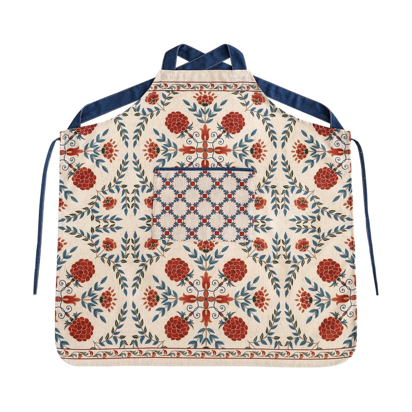 patdrea Blue Floral Linen Apron with Pocket,French Kitchen Garden Chef BBQ Aprons for Women and Men,Crisscross Back