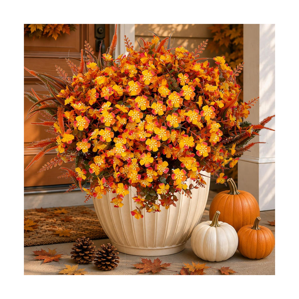 AXYLEX Artificial Fall Flowers Outdoor Fake Mums (OrangeGreen, 16 Pk)
