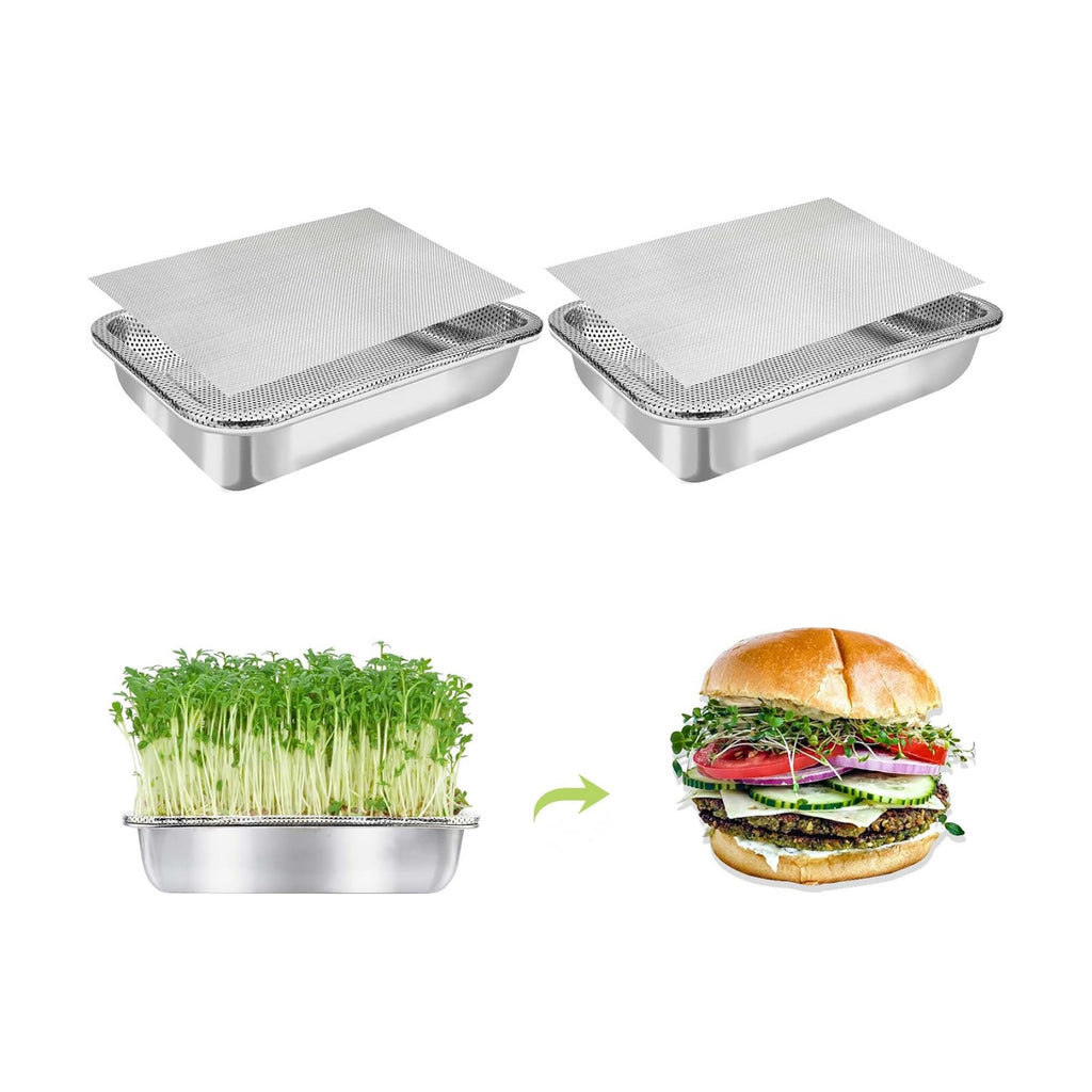Microgreens Growing Kit 2-Tier 14 Inch Sprouting Trays | Stainless Steel Seed Sprouter with 0.3mm Encrypted Silicone